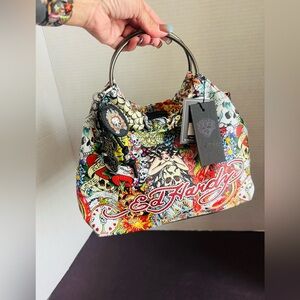 Ed Hardy Multicolor Embroidered Tattoo Art Shoulder Bag